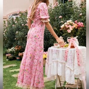 Coquette cottage core pink floral long dress lace belt bow flowers